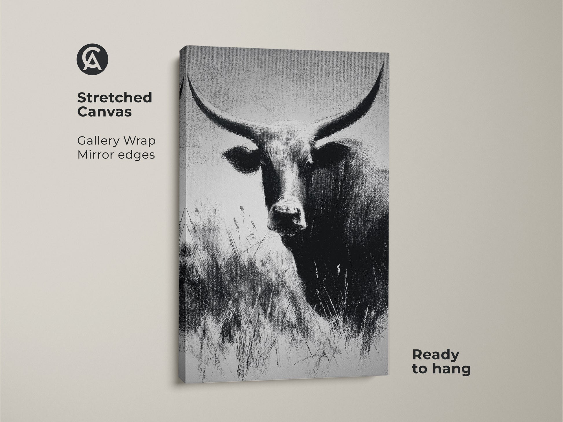 Stretched canvas of a farmhouse bull print. Textured monochrome animal wall art for a rustic touch. The black and white cattle canvas is ready to hang. Ideal wildlife decor.