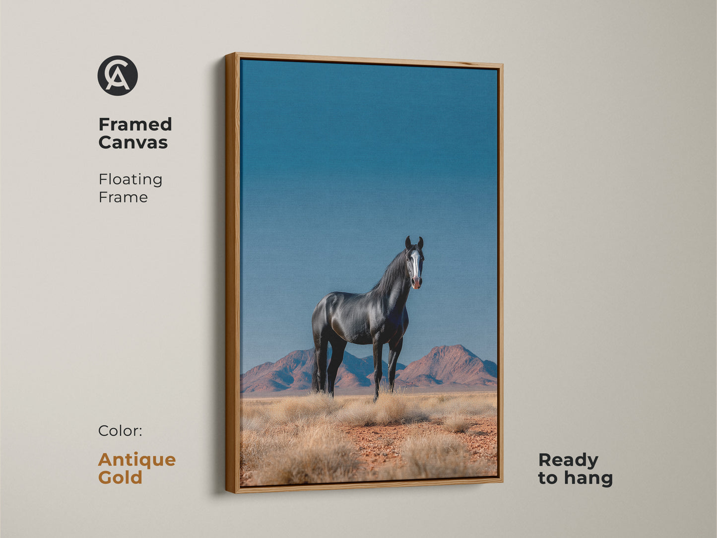 Framed canvas print of a black horse in a desert landscape with an antique gold floating frame. This ready-to-hang equestrian artwork adds a touch of elegance. It is a unique gift for horse lovers and modern farmhouse decor.