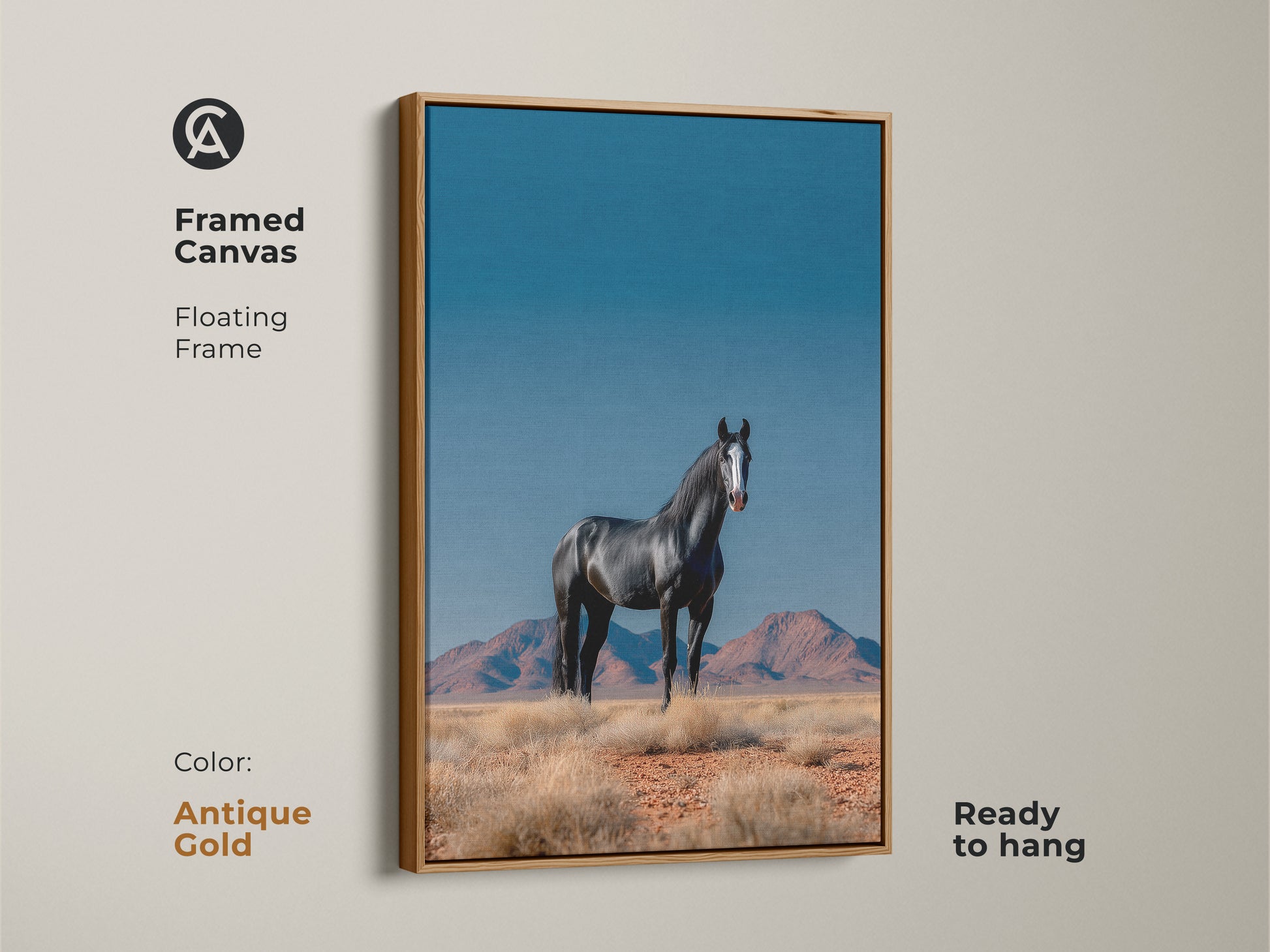 Framed canvas print of a black horse in a desert landscape with an antique gold floating frame. This ready-to-hang equestrian artwork adds a touch of elegance. It is a unique gift for horse lovers and modern farmhouse decor.