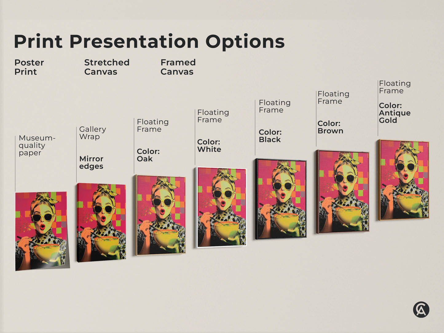 Explore print presentation options for pop art woman enjoying soup artwork. Choose from poster prints stretched canvas and framed canvas. Each option enhances the contemporary kitchen wall art. Options include gallery wrap floating frames and various colors. Find the perfect foodie gift.