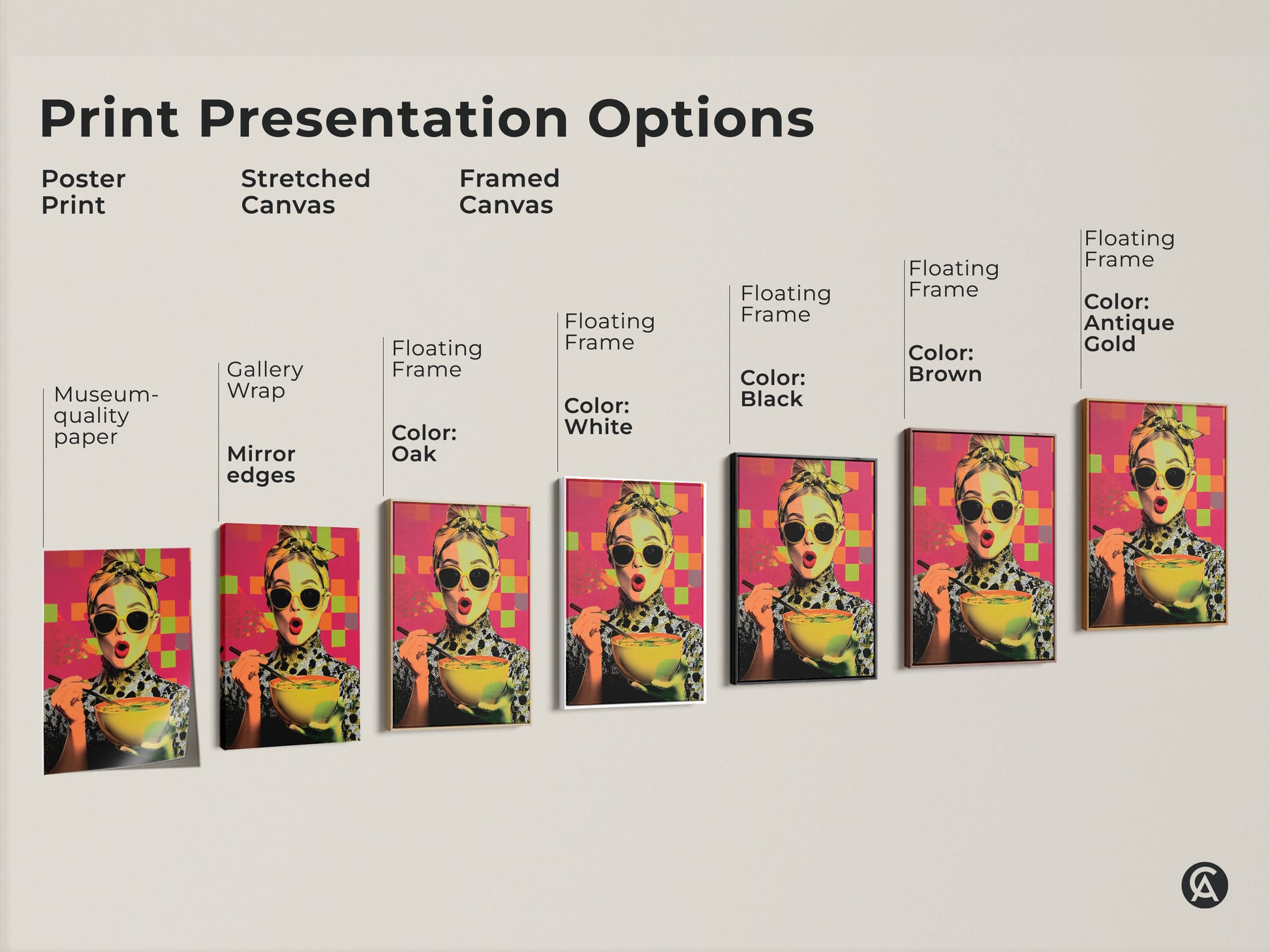 Explore print presentation options for pop art woman enjoying soup artwork. Choose from poster prints stretched canvas and framed canvas. Each option enhances the contemporary kitchen wall art. Options include gallery wrap floating frames and various colors. Find the perfect foodie gift.