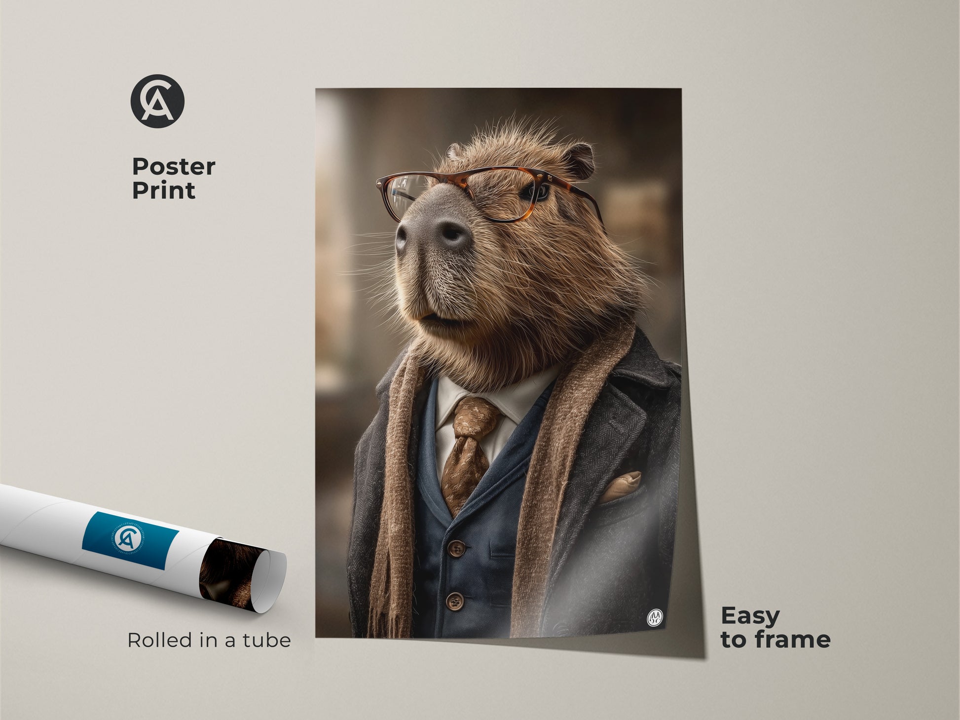This poster print showcases a humorous yet refined capybara portrait. The dapper animal with glasses is easy to frame. The tan blue and brown artwork is a unique gift for him and a stylish addition to living room or office decor.