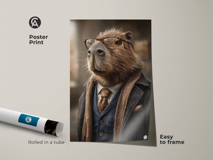 This poster print showcases a humorous yet refined capybara portrait. The dapper animal with glasses is easy to frame. The tan blue and brown artwork is a unique gift for him and a stylish addition to living room or office decor.