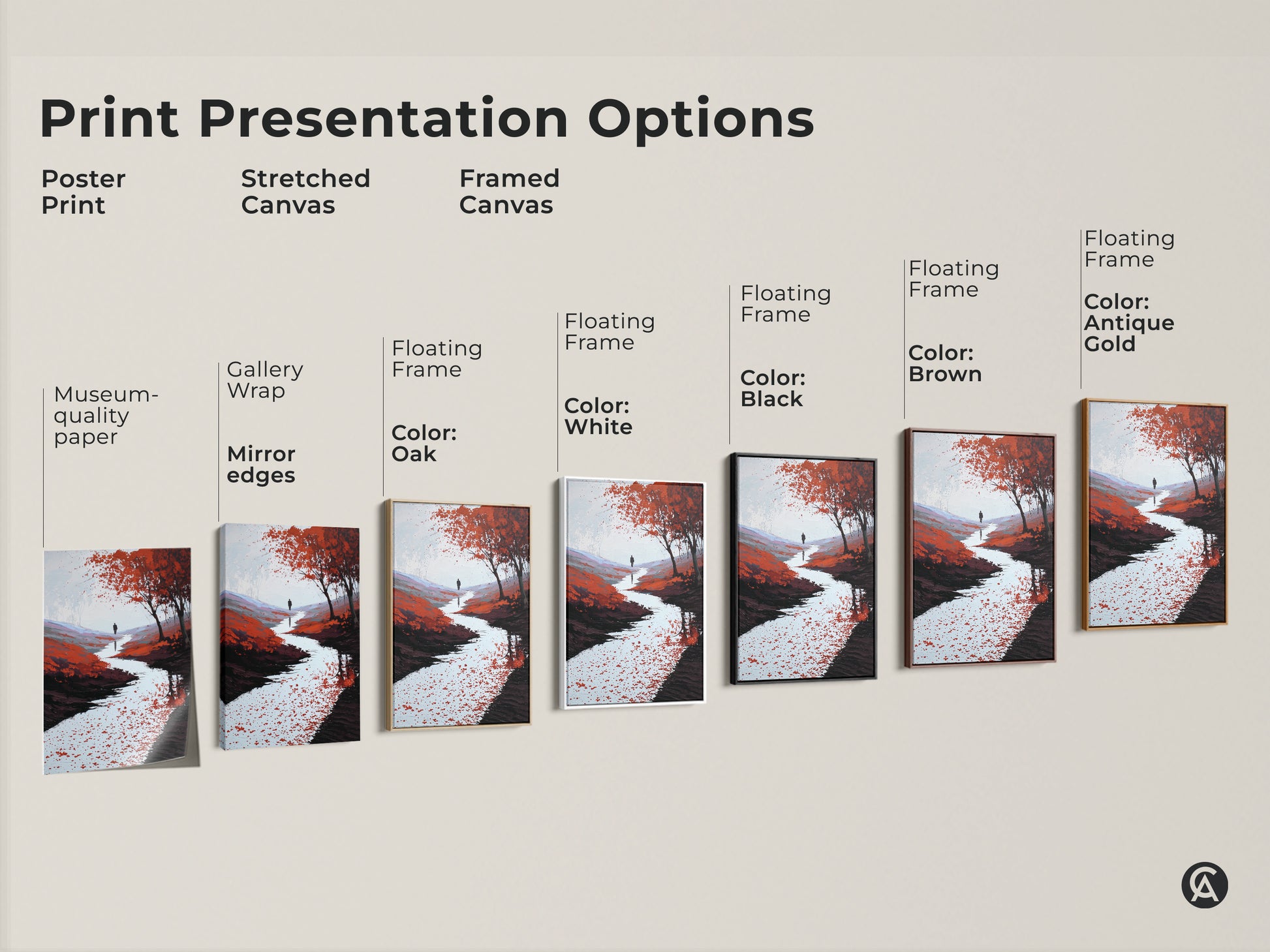 Print presentation options for impressionistic landscape art. Choose between poster print stretched canvas or framed canvas. Find the perfect style for your red orange river canvas.