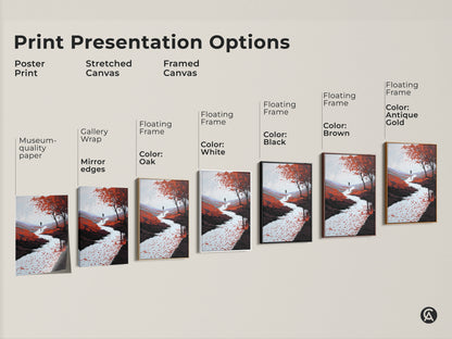 Print presentation options for impressionistic landscape art. Choose between poster print stretched canvas or framed canvas. Find the perfect style for your red orange river canvas.