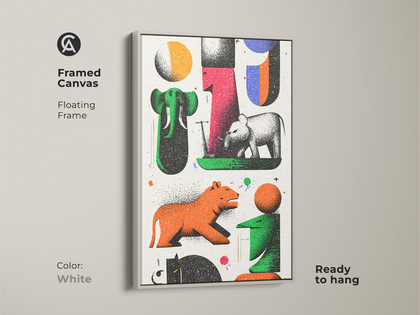 This framed canvas in white displays modern folk art with abstract animals. The floating frame enhances the retro animal canvas art. Its eclectic wall decor features green red and orange tones. The artwork includes elephants and tigers in an abstract style. Ready to hang this piece adds a clean look to any room. It’s a modern touch for home decor.