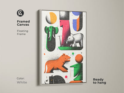 This framed canvas in white displays modern folk art with abstract animals. The floating frame enhances the retro animal canvas art. Its eclectic wall decor features green red and orange tones. The artwork includes elephants and tigers in an abstract style. Ready to hang this piece adds a clean look to any room. It’s a modern touch for home decor.