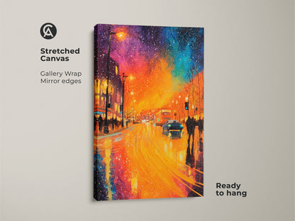 Elevate your space with this stunning stretched canvas. It features a vibrant city street scene. A rainbow of colors illuminates the sky above the busy street. The gallery wrap and mirror edges add a touch of elegance. Ready to hang and enjoy in your home or office today.