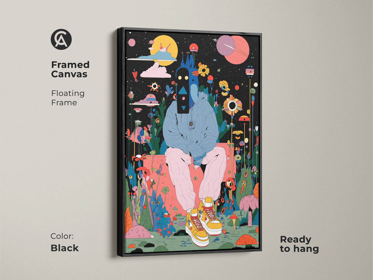 Black framed canvas art. This framed artwork features a figure in a surreal landscape. The floating frame enhances the art. It is ready to hang. A perfect addition to any room.