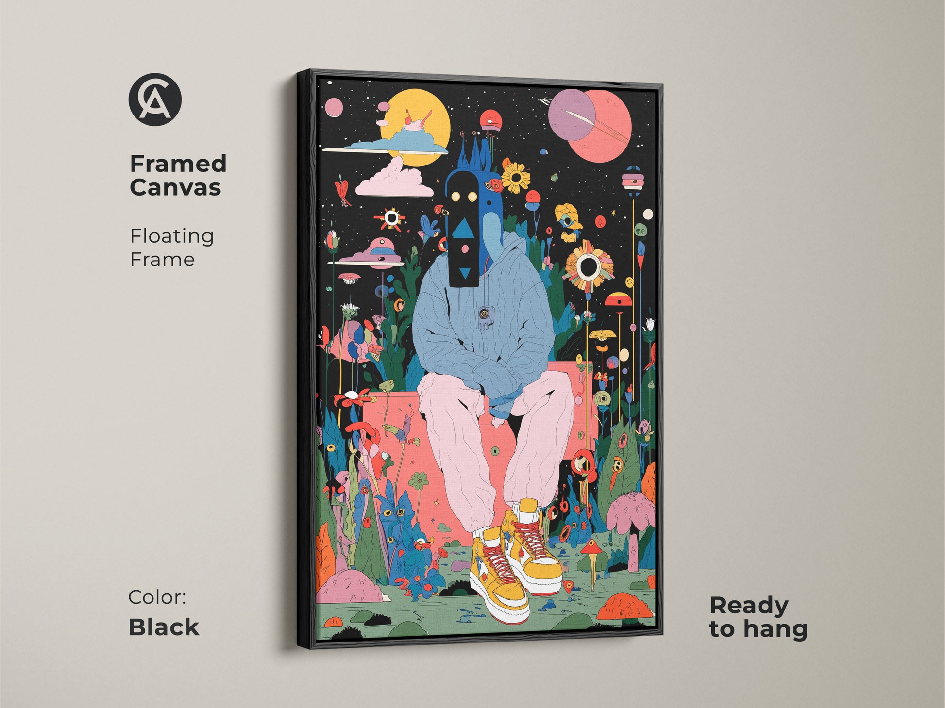 Black framed canvas art. This framed artwork features a figure in a surreal landscape. The floating frame enhances the art. It is ready to hang. A perfect addition to any room.
