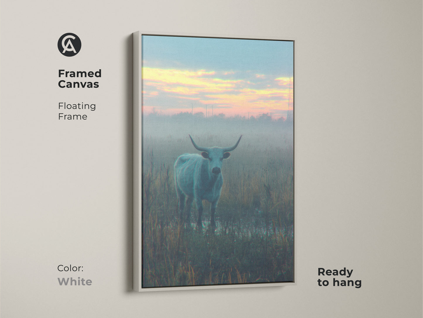 White framed canvas art print of a longhorn bull in a foggy field. This floating frame canvas is ready to hang. The white frame provides a clean modern look. It allows the artwork to stand out.