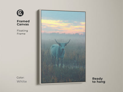White framed canvas art print of a longhorn bull in a foggy field. This floating frame canvas is ready to hang. The white frame provides a clean modern look. It allows the artwork to stand out.