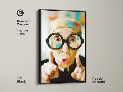 Black framed canvas of a quirky elderly woman with glasses. This floating frame art is ready to hang. It is a modern and stylish wall art choice. Add a touch of humor to your living space with this artwork. Shop now for framed art.