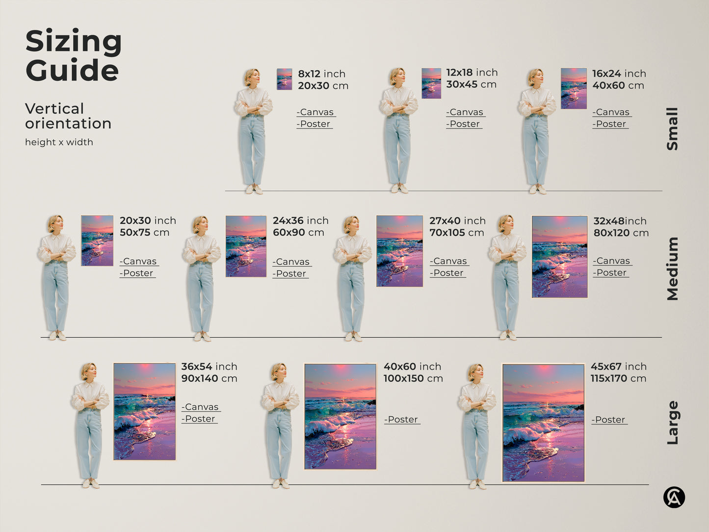 Sizing guide for vertical dreamy ocean sunset artwork. Canvas and poster options in small medium and large sizes. Perfect for bedroom or beach house decor. Coastal art.