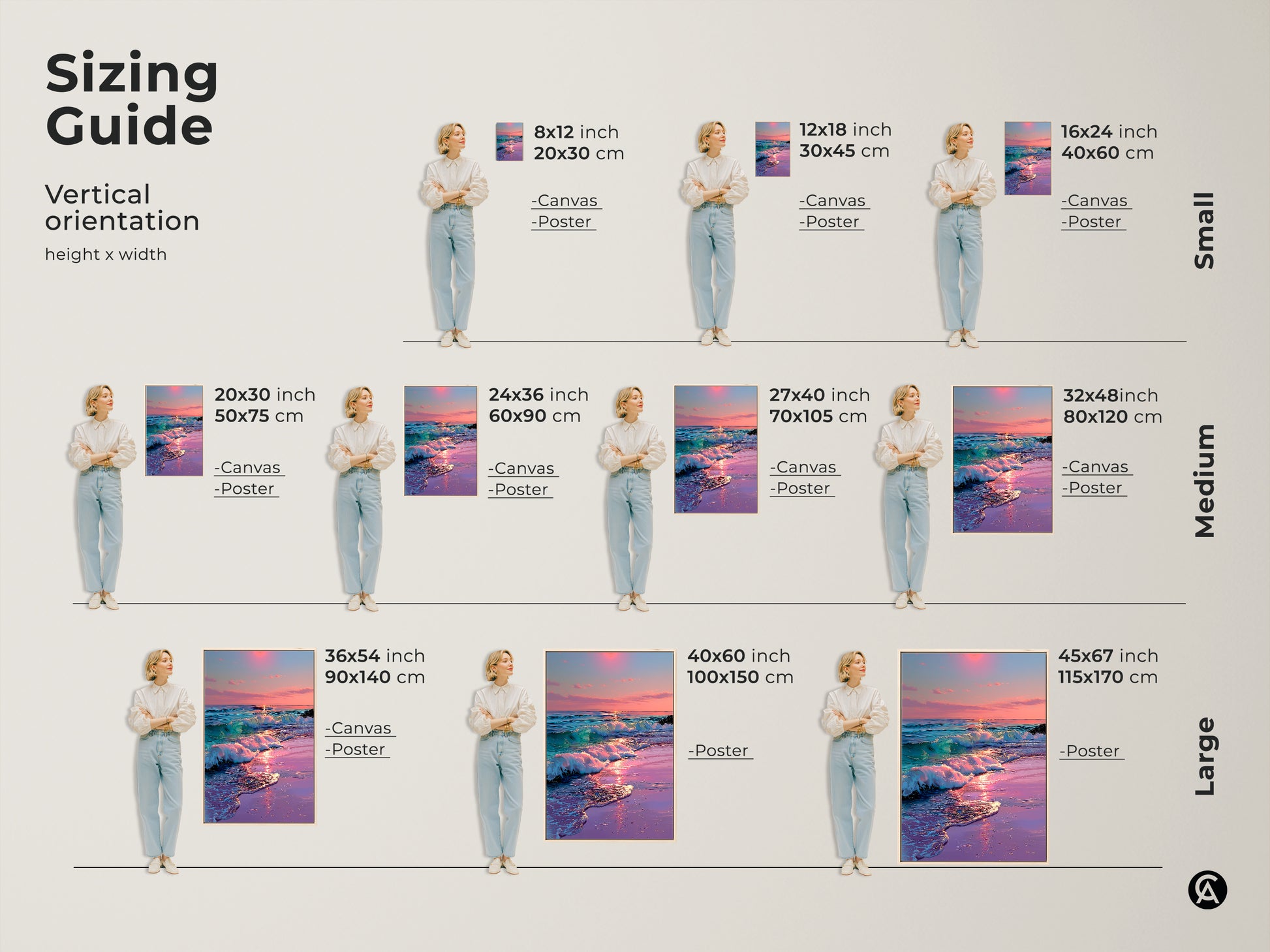 Sizing guide for vertical dreamy ocean sunset artwork. Canvas and poster options in small medium and large sizes. Perfect for bedroom or beach house decor. Coastal art.