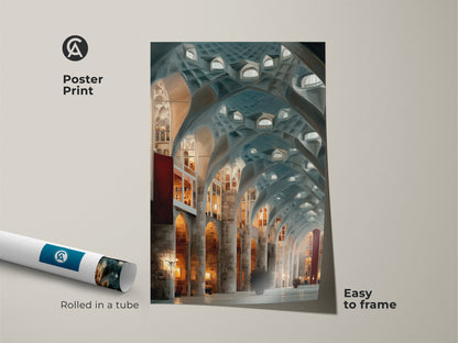 Poster print of Gothic Arches Wall Art. The art nouveau architecture is rolled in a tube for easy framing. This teal blue gray canvas art is perfect for interior spaces. It brings landmark art to any wall. Perfect travel lover gift artwork.