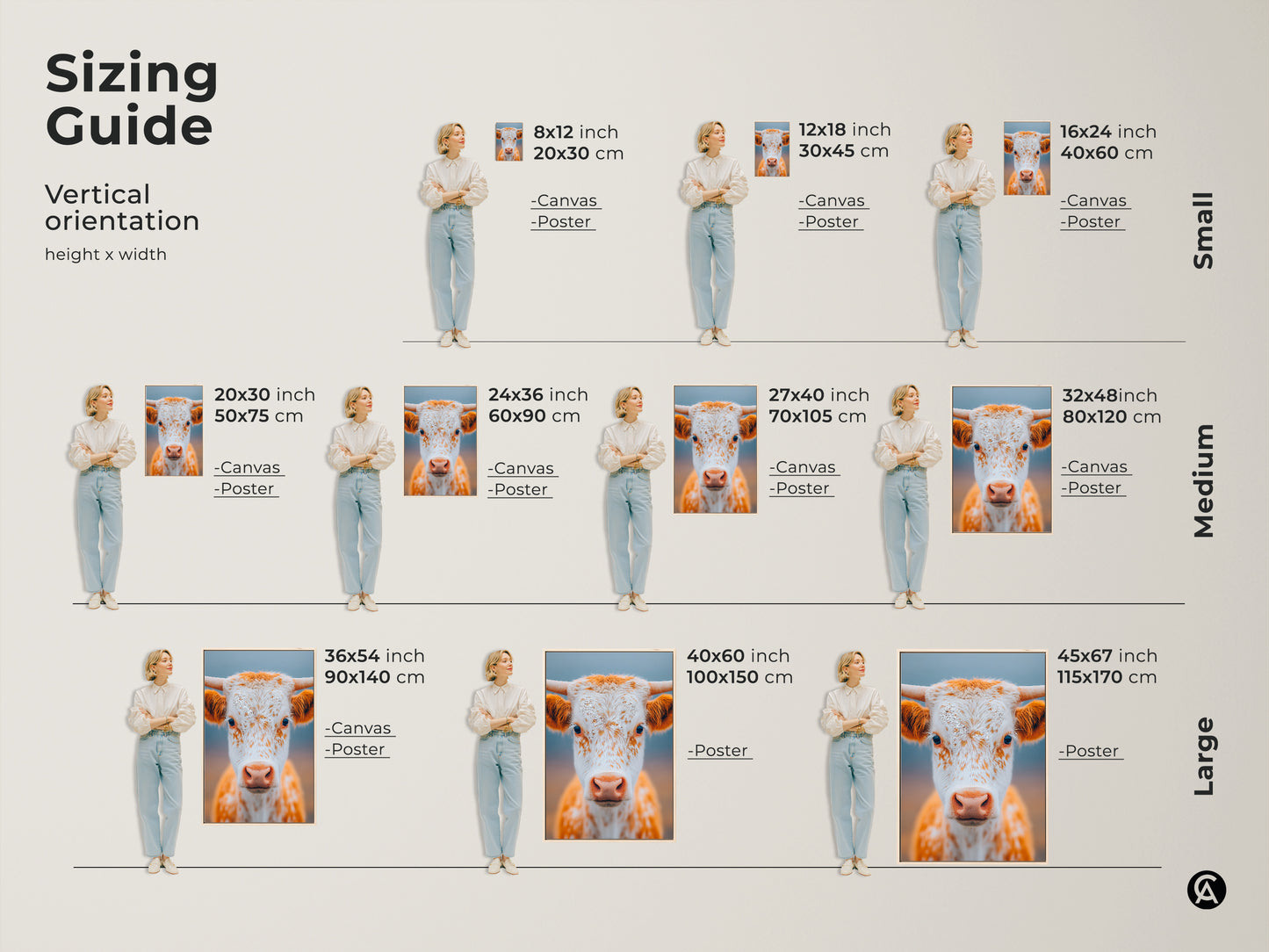 Sizing guide for vertical longhorn calf art. Available in small medium and large sizes. Options include canvas and poster prints. Visualize the perfect fit for your wall. Find the perfect size for your space.