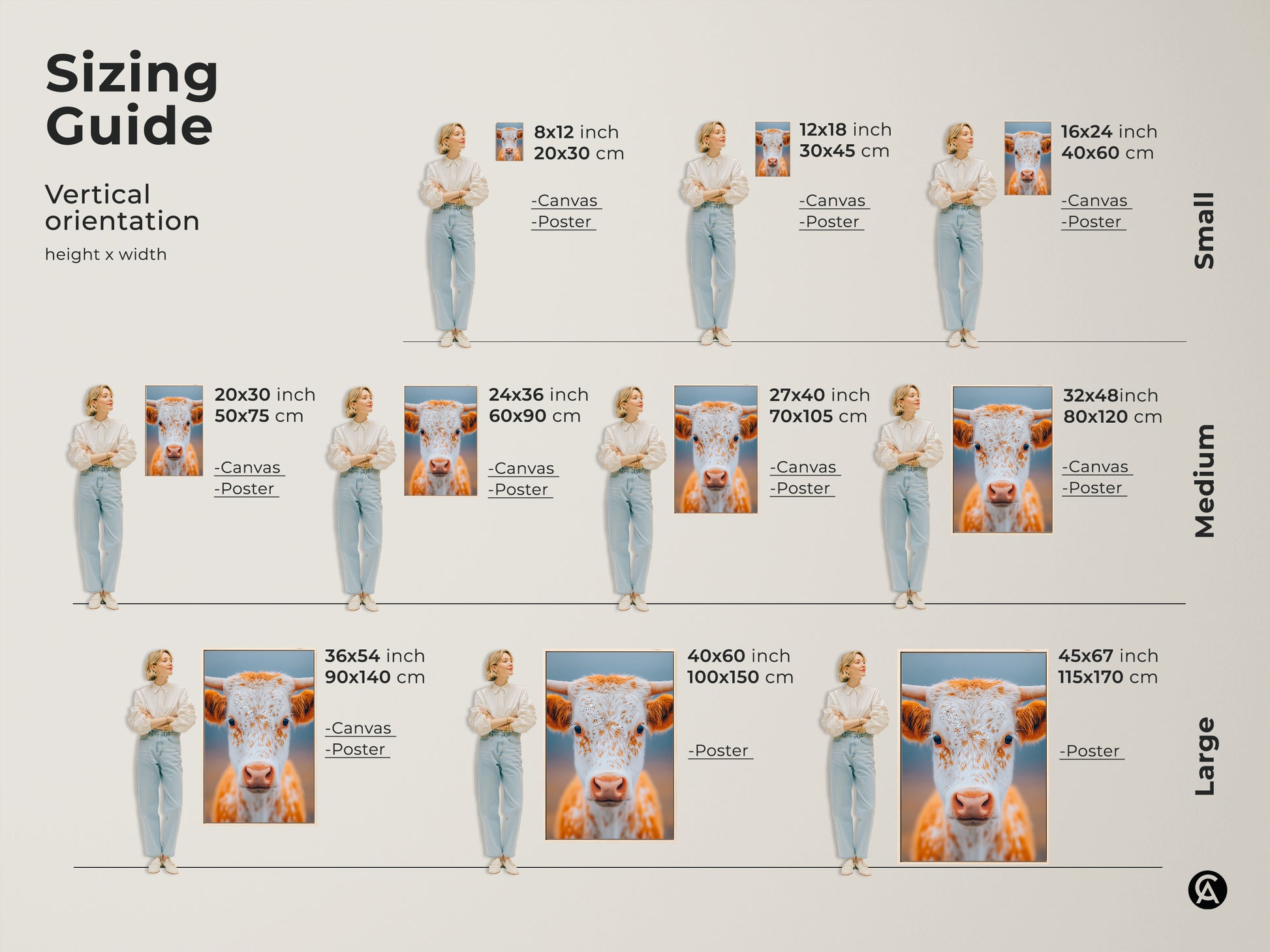 Sizing guide for vertical longhorn calf art. Available in small medium and large sizes. Options include canvas and poster prints. Visualize the perfect fit for your wall. Find the perfect size for your space.