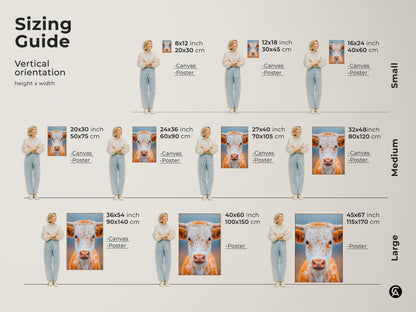 Sizing guide for vertical longhorn calf art. Available in small medium and large sizes. Options include canvas and poster prints. Visualize the perfect fit for your wall. Find the perfect size for your space.