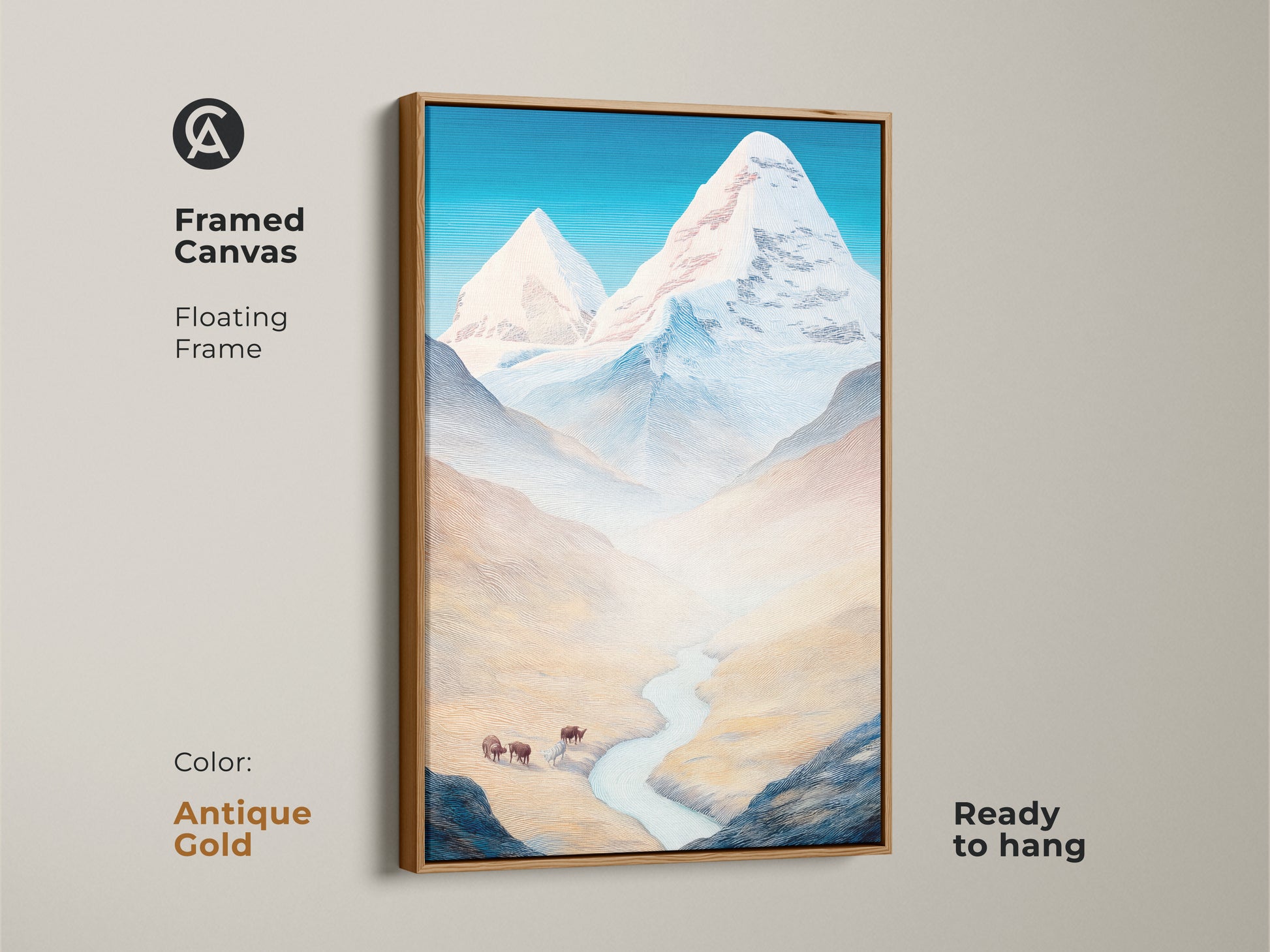 Framed Canvas showcasing Mountain Bison Artwork with an antique gold floating frame adding sophistication. This stylized landscape print offers a serene blue sky and white mountain view. Ideal for coastal farmhouse decor or nature themed residential spaces.