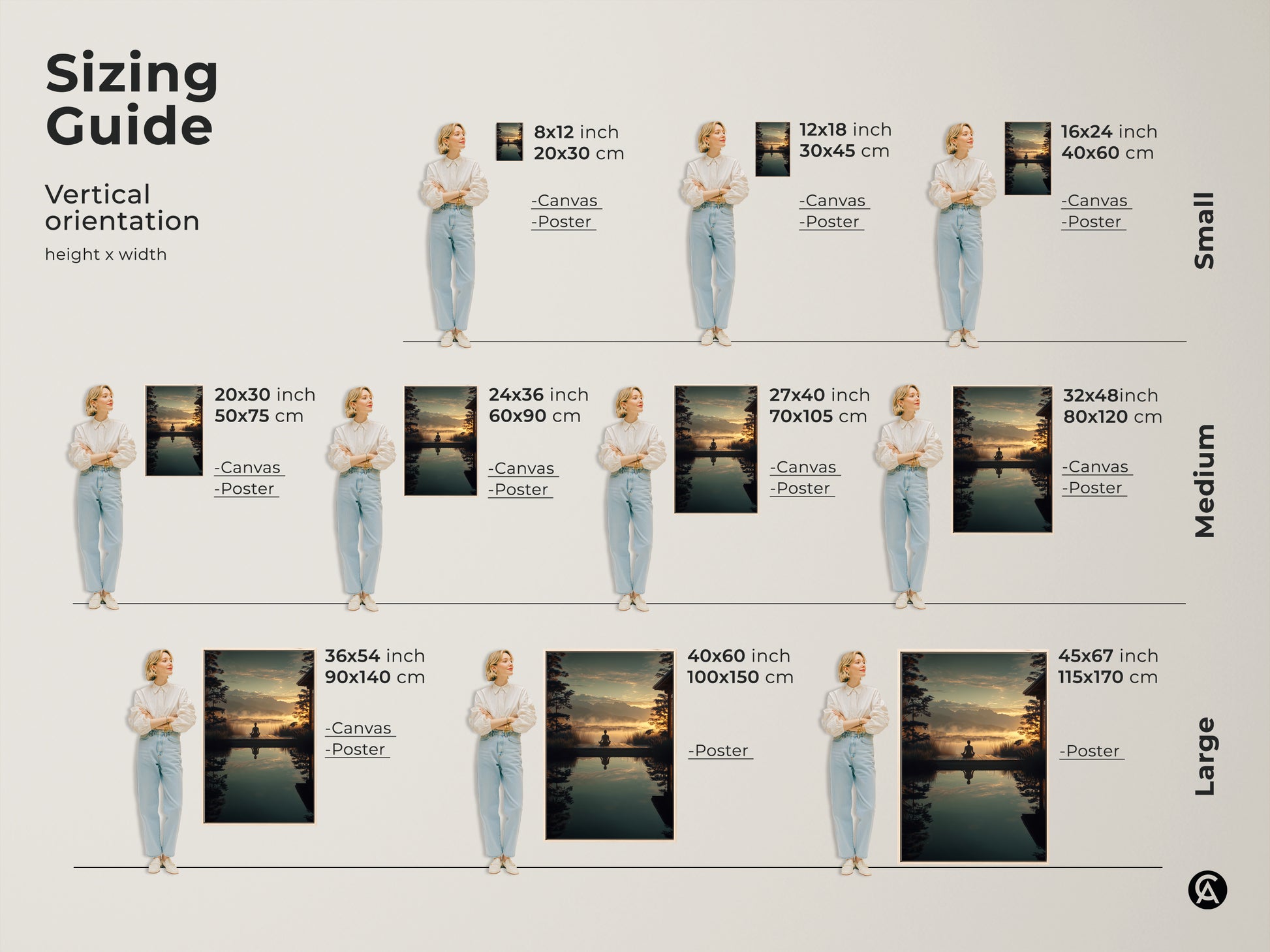 Sizing Guide for Zen Mountain Landscape artwork. Visualize vertical orientation options. Available in small medium and large sizes. See how this yoga meditation art fits in your space. Choose the perfect canvas or poster size for your Scandinavian home decor.
