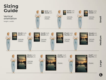 Sizing Guide for Zen Mountain Landscape artwork. Visualize vertical orientation options. Available in small medium and large sizes. See how this yoga meditation art fits in your space. Choose the perfect canvas or poster size for your Scandinavian home decor.