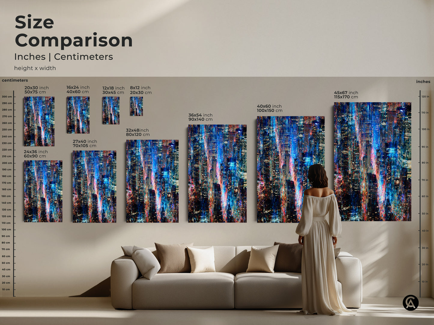 Compare sizes of this stunning cityscape art to find the perfect fit for your space. Visualize how different sizes of canvas and poster prints complement your furniture. See the vibrant blue and red lights of the artwork. Available in various sizes for any room.
