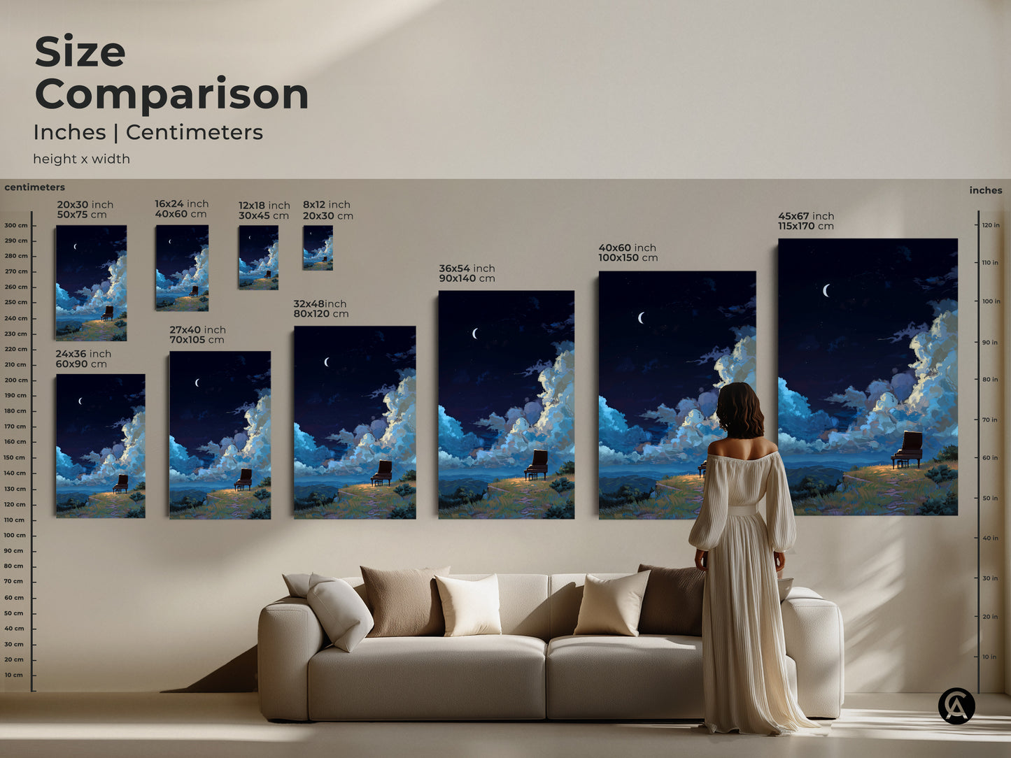 Size comparison of night sky grand piano art. Inches and centimeters are shown. The canvas and poster prints range from small to large. Perfect for eclectic homes.