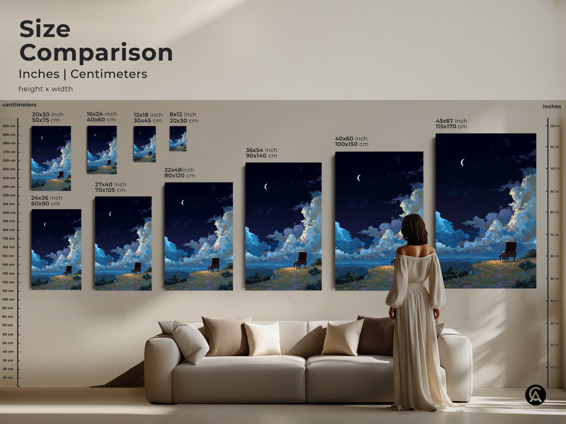 Size comparison of night sky grand piano art. Inches and centimeters are shown. The canvas and poster prints range from small to large. Perfect for eclectic homes.