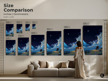 Size comparison of night sky grand piano art. Inches and centimeters are shown. The canvas and poster prints range from small to large. Perfect for eclectic homes.