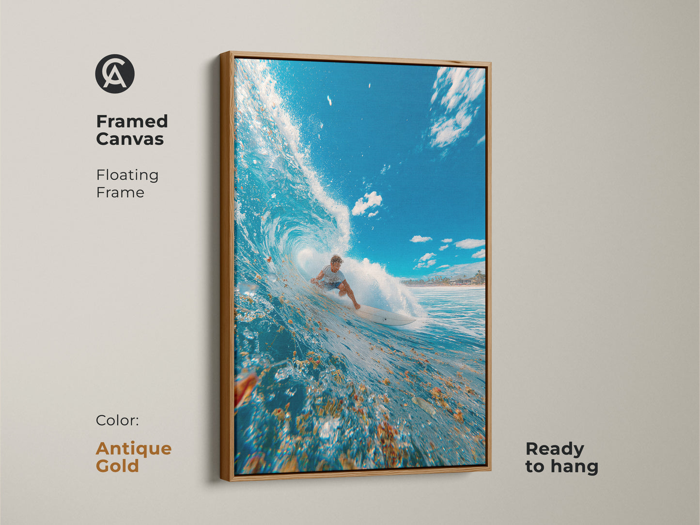 Framed canvas art with an antique gold floating frame showing a surfer riding a wave. Ready to hang. The antique gold frame adds a touch of elegance to the dynamic surf scene. This artwork combines classic style with the thrill of surfing. Perfect for a sophisticated coastal decor.
