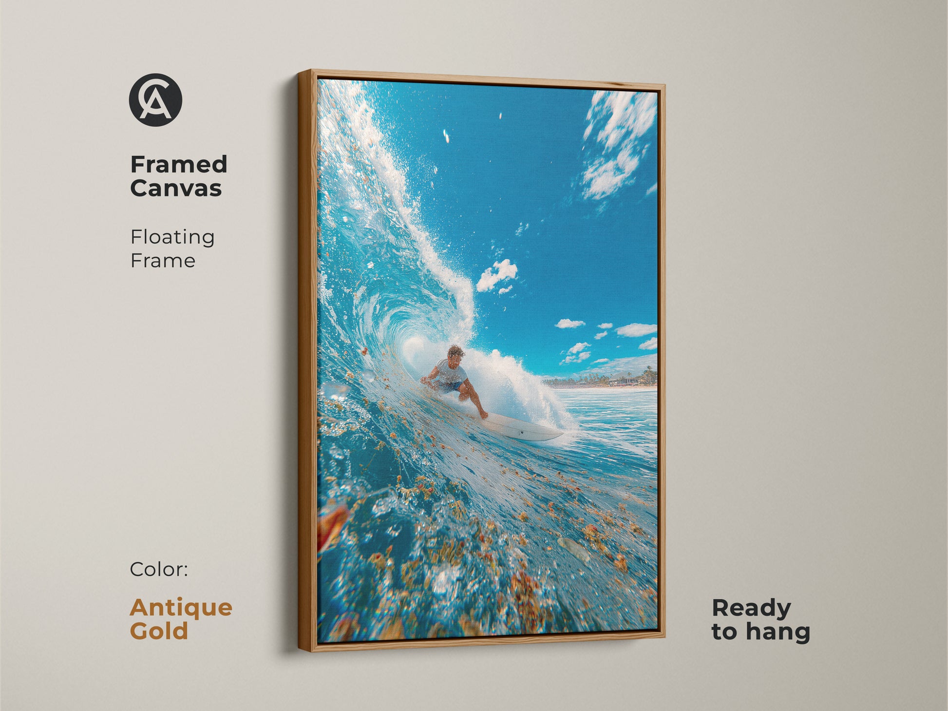 Framed canvas art with an antique gold floating frame showing a surfer riding a wave. Ready to hang. The antique gold frame adds a touch of elegance to the dynamic surf scene. This artwork combines classic style with the thrill of surfing. Perfect for a sophisticated coastal decor.