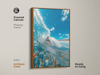 Framed canvas art with an antique gold floating frame showing a surfer riding a wave. Ready to hang. The antique gold frame adds a touch of elegance to the dynamic surf scene. This artwork combines classic style with the thrill of surfing. Perfect for a sophisticated coastal decor.