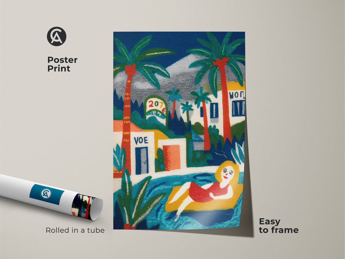 Poster print of a woman relaxing by a pool with palm trees and buildings. The artwork is rolled in a tube for easy framing. Bring a touch of vacation vibes to your walls with this vibrant poster. Perfect for adding a splash of color and a summery feel to any room. Easy to frame and display.