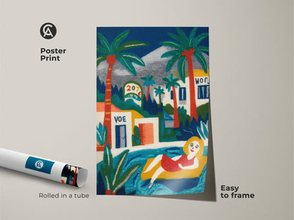 Poster print of a woman relaxing by a pool with palm trees and buildings. The artwork is rolled in a tube for easy framing. Bring a touch of vacation vibes to your walls with this vibrant poster. Perfect for adding a splash of color and a summery feel to any room. Easy to frame and display.