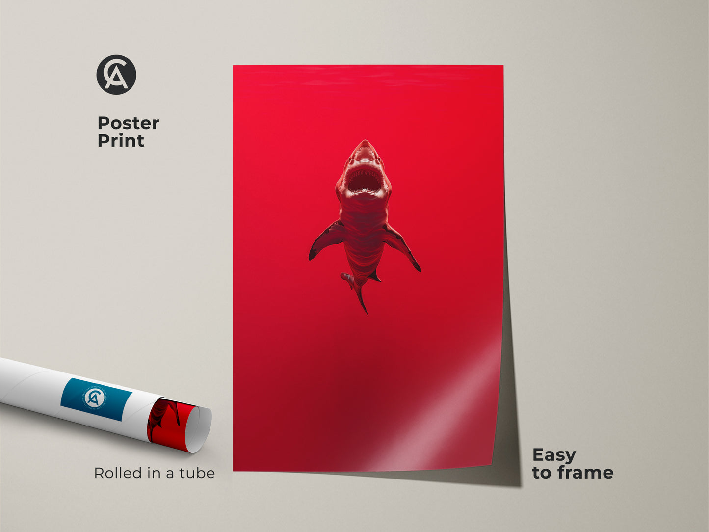 Poster print of a crimson shark rolled in a tube. This ocean predator artwork is easy to frame. The contemporary red art features a minimalist shark print. A dramatic shark art piece perfect as a gift for shark lovers. The deep red ocean decor adds a touch of animal abstract art to any space.