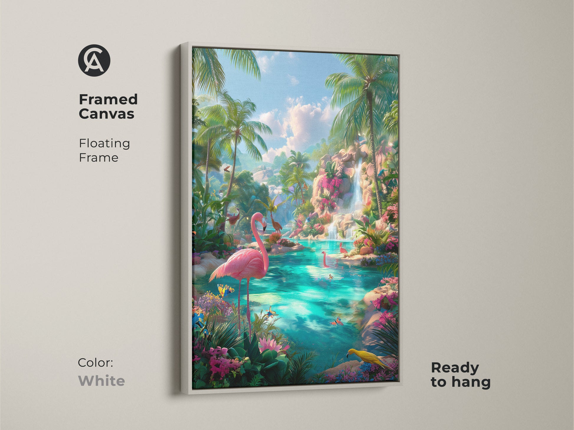 White framed canvas of a tropical lagoon. The floating frame offers a clean look. The canvas shows pink flamingos in a vibrant blue lagoon. It is ready to hang. Palm trees and a waterfall create a serene tropical setting. The white frame complements any decor.