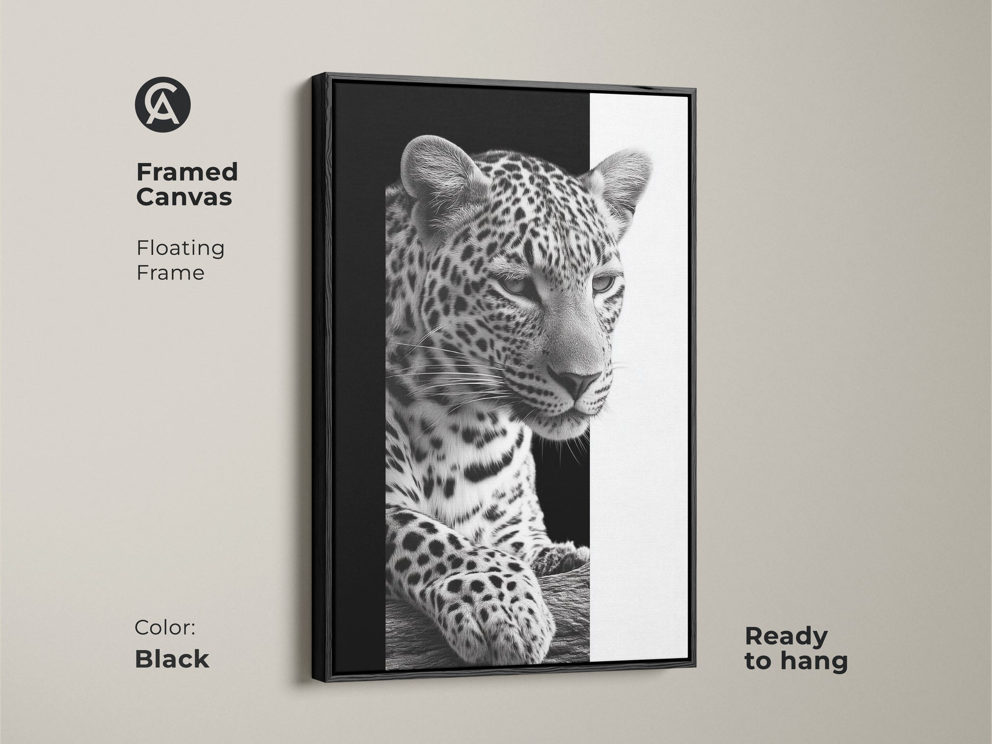 A framed canvas featuring a monochrome leopard. This floating frame comes in black and is ready to hang. A black and white wildlife art piece offering contemporary animal decor. It is ideal as bedroom wall art or living room art. A thoughtful gift for animal lovers to elevate their space.