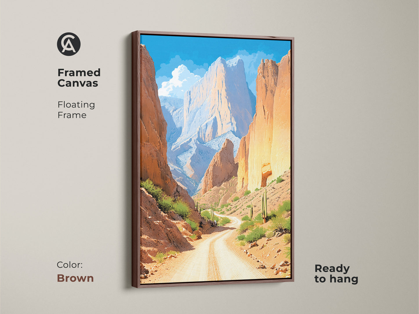 This desert landscape canvas print is framed in brown. This enhances the rustic charm of the mountain scenery. The southwestern wall art features a canyon road. Great for living room decor or an outdoor adventure theme. This framed piece is a perfect gift.
