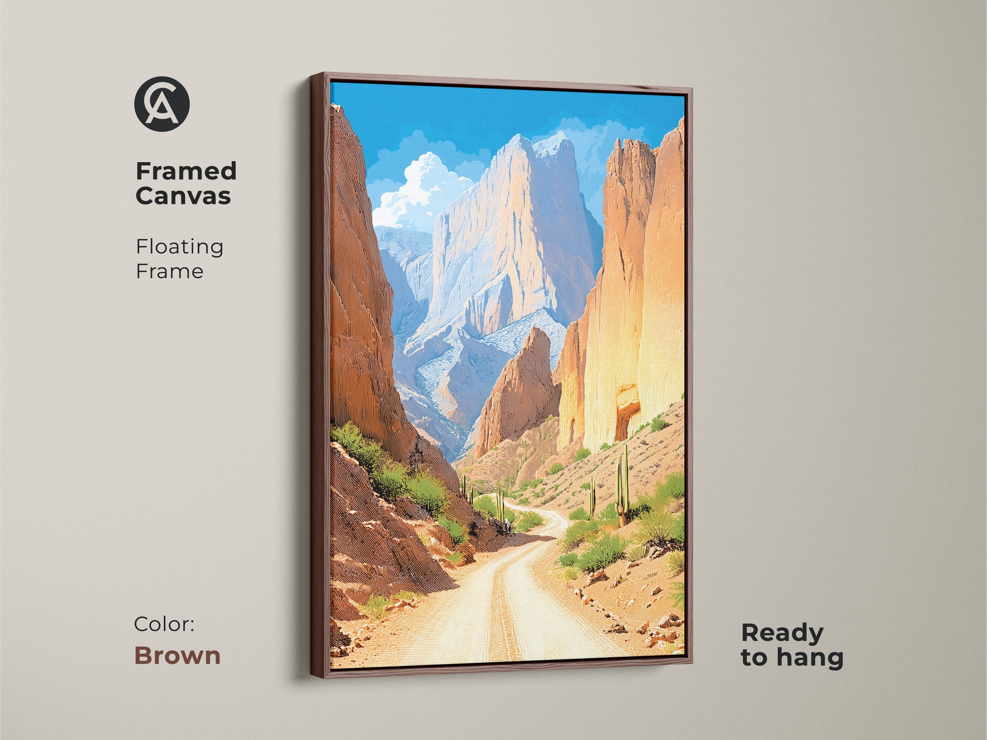 This desert landscape canvas print is framed in brown. This enhances the rustic charm of the mountain scenery. The southwestern wall art features a canyon road. Great for living room decor or an outdoor adventure theme. This framed piece is a perfect gift.