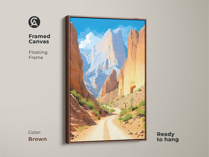 This desert landscape canvas print is framed in brown. This enhances the rustic charm of the mountain scenery. The southwestern wall art features a canyon road. Great for living room decor or an outdoor adventure theme. This framed piece is a perfect gift.