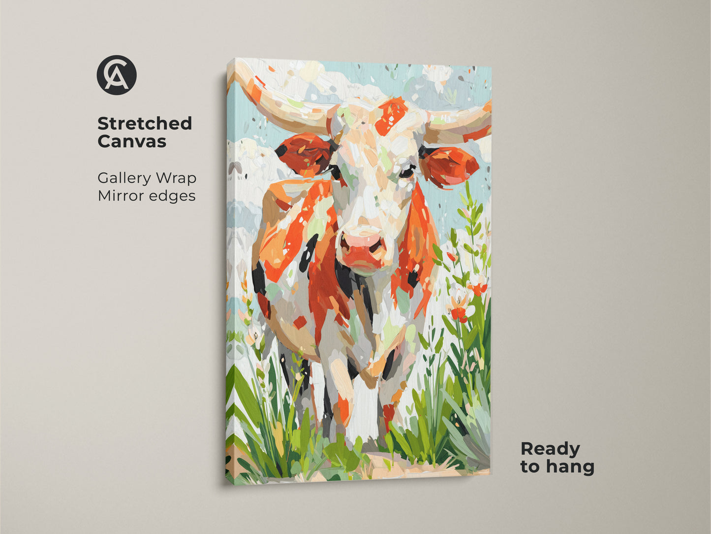 Stretched canvas print featuring longhorn cow artwork. Gallery wrapped with mirrored edges this piece is ready to hang. The art showcases orange white and cream tones. Green accents bring the scene to life.
