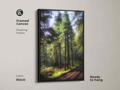 Framed canvas featuring a photorealistic forest path. The emerald green pine trees art is ready to hang. The black floating frame enhances the rustic landscape. Perfect for adding nature to your living space. A great housewarming gift.