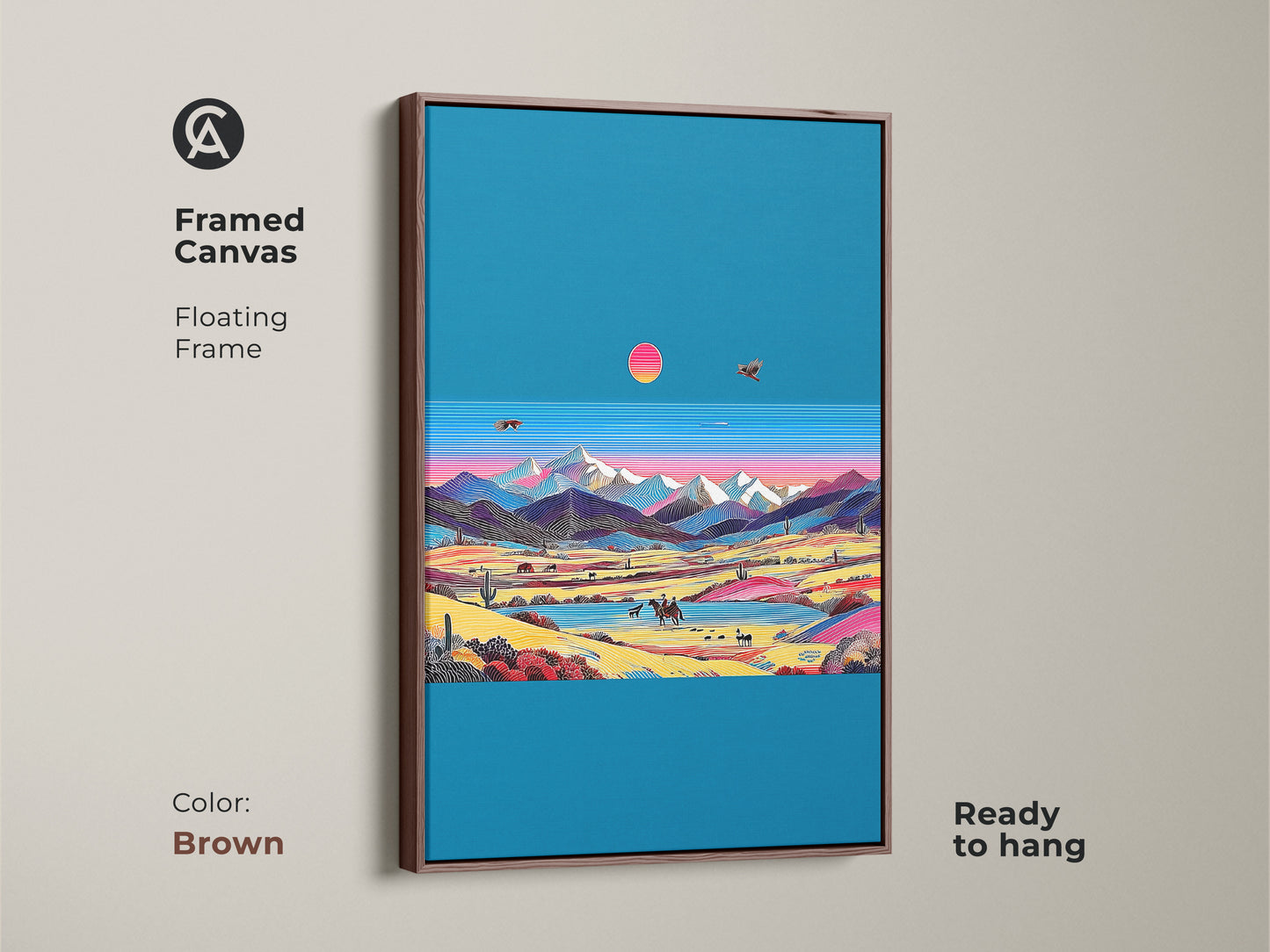 Framed retro wave desert art with a brown floating frame. The canvas features a vintage cowboy riding through a mountain scene. Teal and pink colors add an eclectic touch. Perfect for boho wall decor. It is ready to hang. Abstract mountains on canvas.