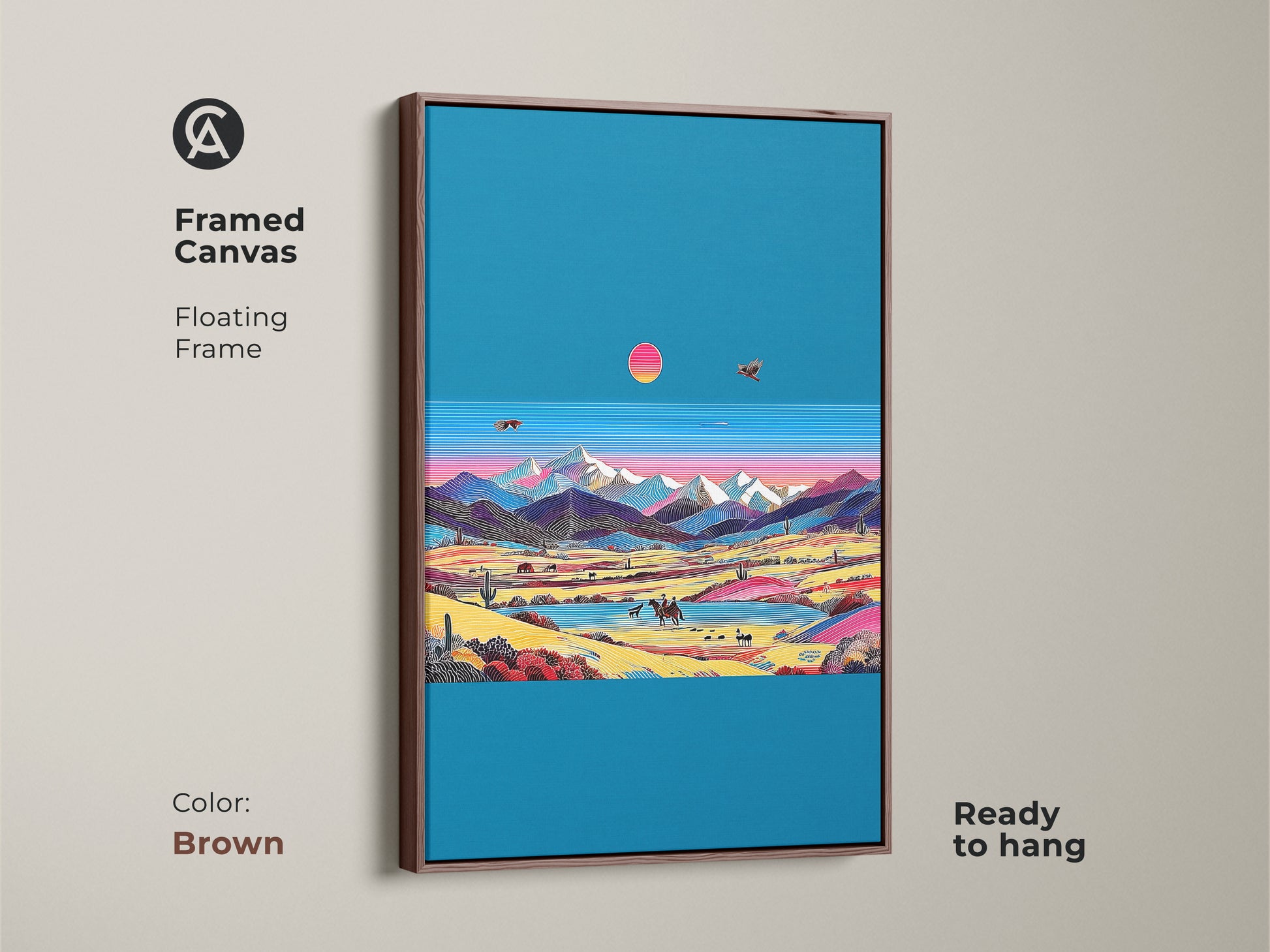 Framed retro wave desert art with a brown floating frame. The canvas features a vintage cowboy riding through a mountain scene. Teal and pink colors add an eclectic touch. Perfect for boho wall decor. It is ready to hang. Abstract mountains on canvas.