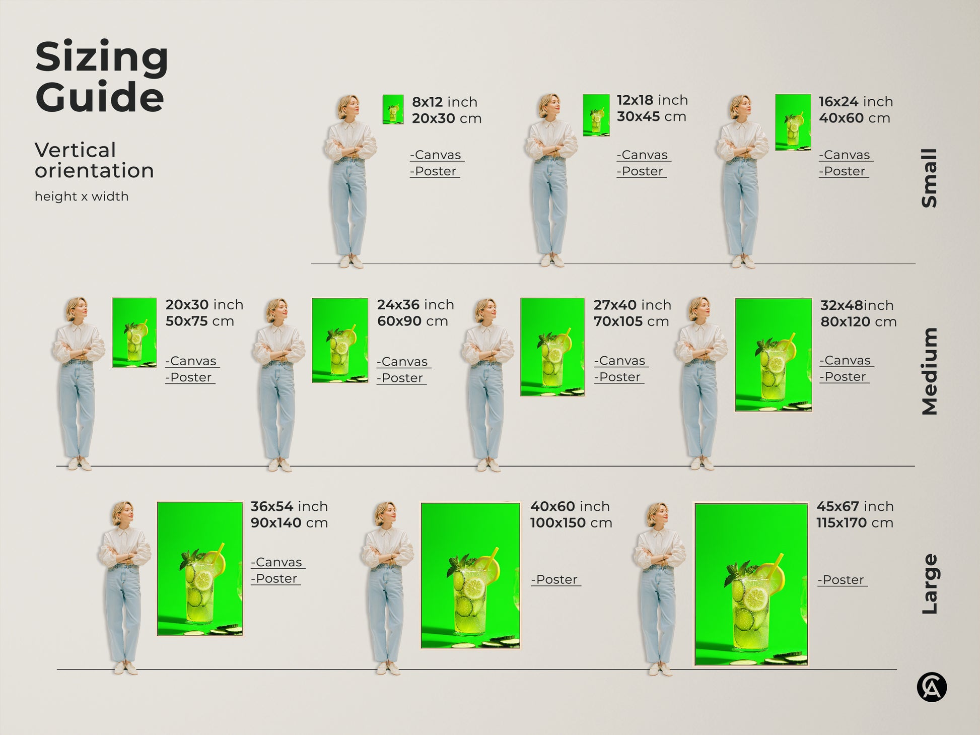 Sizing guide for vertical lime green cucumber lemonade artwork. This shows canvas and poster options. Available in small medium and large sizes. Perfect for adding a modern touch to any space. See the art on the wall.