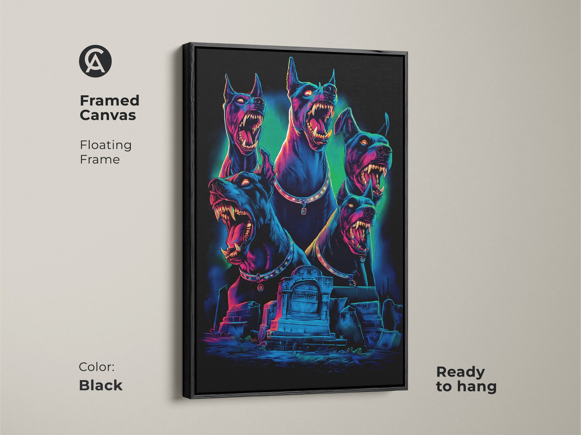 Framed canvas of a Gothic Cerberus artwork. A floating black frame surrounds this neon blue and electric pink dark fantasy print. The mythology dog art is ready to hang. It will add a unique touch to your gothic room decor.