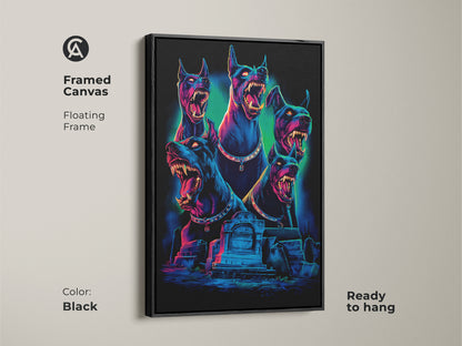 Framed canvas of a Gothic Cerberus artwork. A floating black frame surrounds this neon blue and electric pink dark fantasy print. The mythology dog art is ready to hang. It will add a unique touch to your gothic room decor.