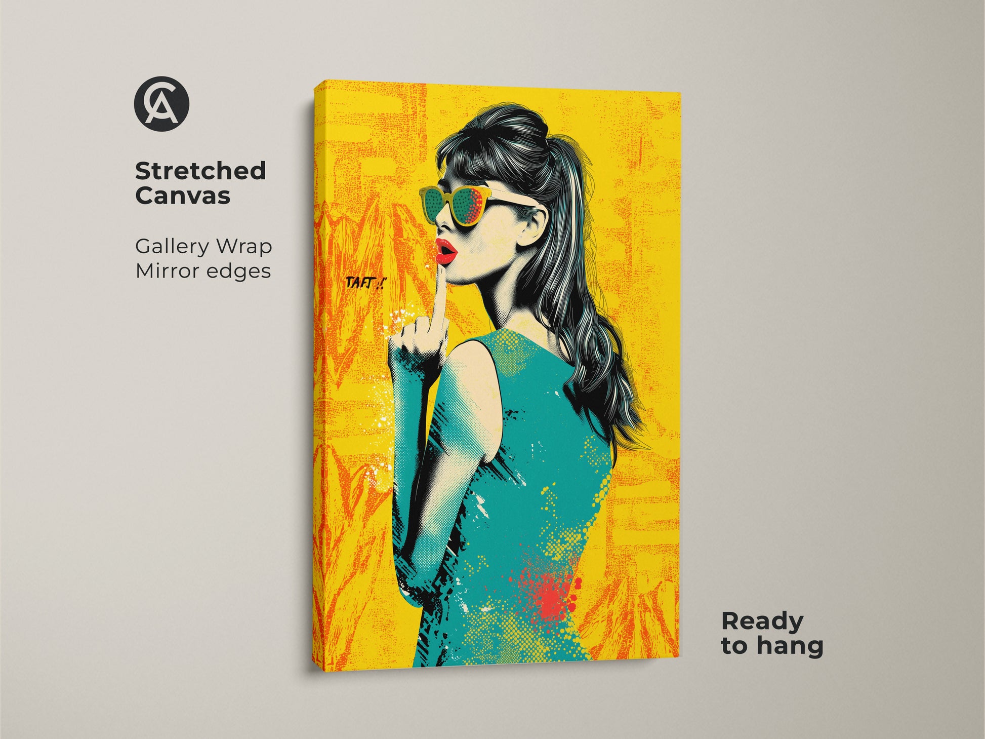Stretched canvas of a pop art woman portrait. The gallery wrap has mirror edges. This retro sunglasses wall art is ready to hang. It features a woman in yellow orange and teal hues. The eclectic fashion decor adds a vintage touch to any room.