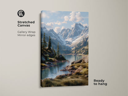 Stretched canvas showcasing a breathtaking mountain and lake landscape. This gallery-wrapped artwork has mirror edges for a seamless look. The scenic view brings nature indoors. Ready to hang this canvas print adds elegance to any room. The perfect wall art for nature lovers.